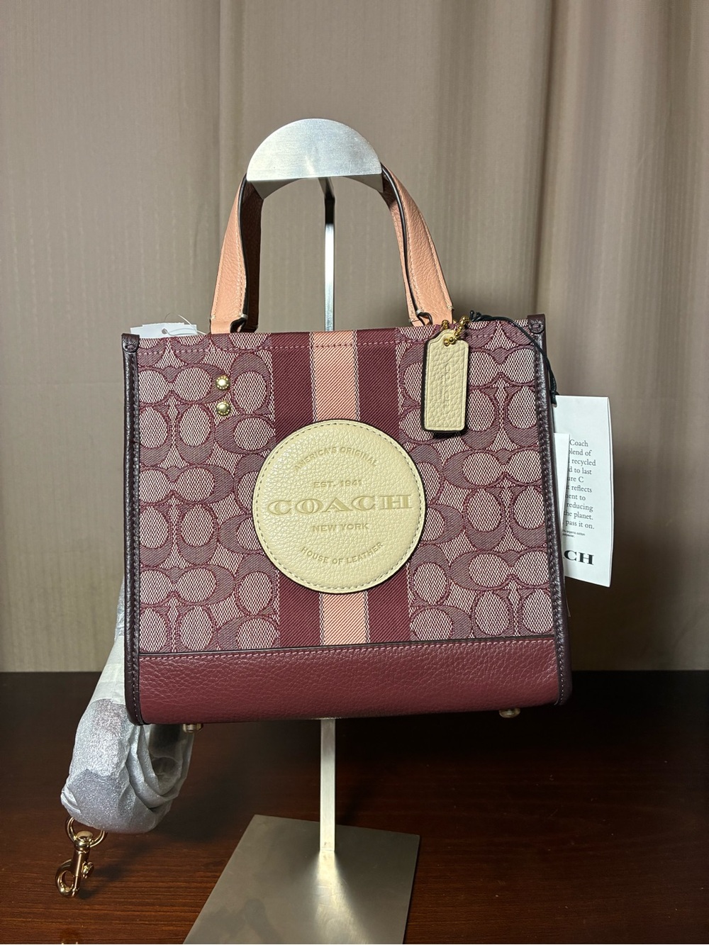 Coach Dempsey Signature Canvas Burgundy and Pink Stripe Tote